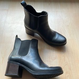 Clarks black bootie heels, size 9